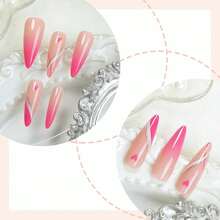 Pink Press On Nails Long Stiletto Fake Nails Heart Glue On Nails Acrylic Nails Gold Swirl Romantic False Nails 24Pcs Almond Manicure Stick On Nails Gel Nails For Women And Girl - 多色21 - 查看 3