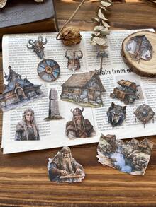 15 pezzi/confezione Adesivi vintage con personaggi della leggenda vichinga, case, paesaggi, figure carine, piante, decorazioni per scrapbooking, diari fai-da-te, forniture per la cancelleria