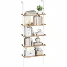 5-Tier Bookshelf, Wall Mount Ladder Shelf With Wood Board And Industrial Metal Frame, For Home Office, Living Room, Bedroom, Entryway And Hallway, (1, White/Oak) - 白色/橡木色 - 查看 1