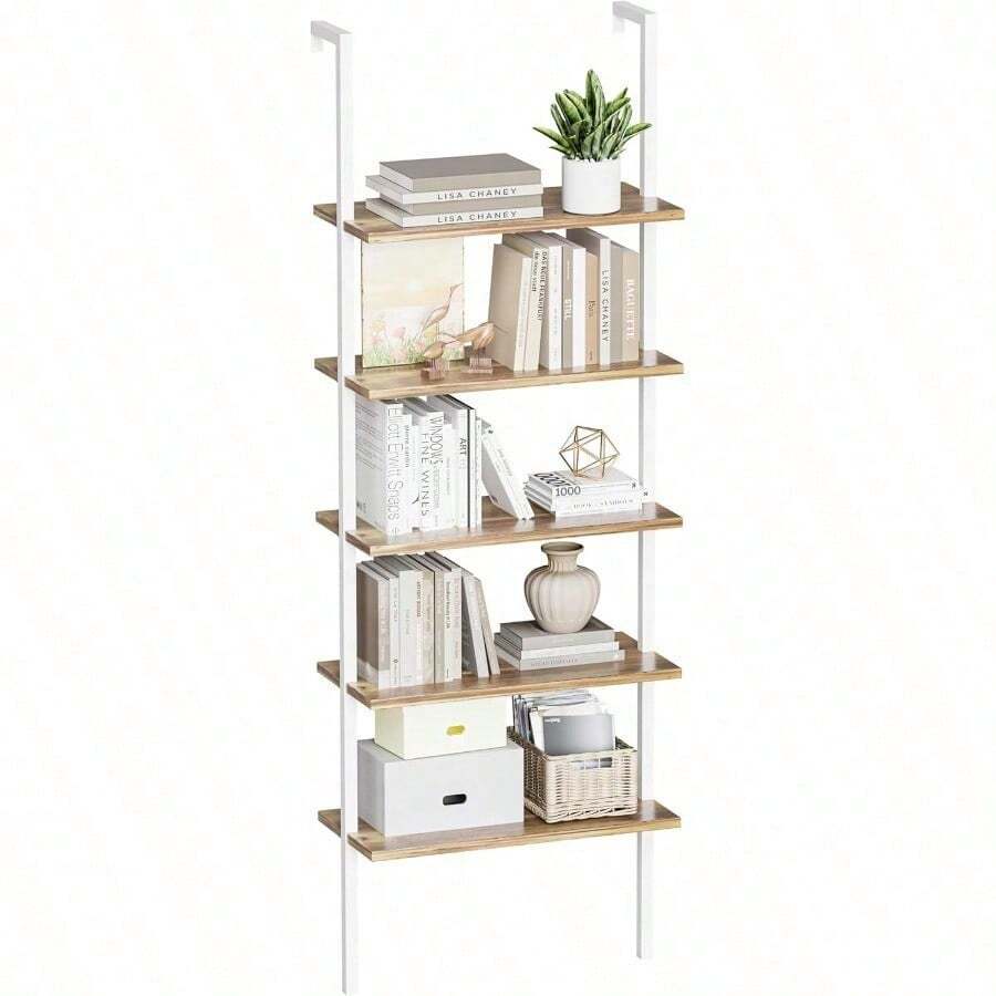 5-Tier Bookshelf, Wall Mount Ladder Shelf With Wood Board And Industrial Metal Frame, For Home Office, Living Room, Bedroom, Entryway And Hallway, (1, White/Oak) - 白色/橡木色 - 查看 1