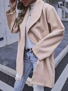 Women's Fashionable Solid Color Lapel Mid-Length Overcoat, Versatile For Daily Commute And Streetwear - Apricot - View 6