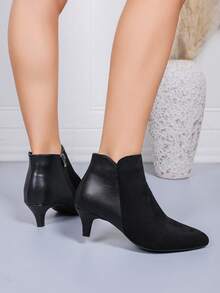 女士时尚靴子，新款简约优雅百搭尖头舒适低跟踝靴，侧拉链，PU 皮革和绒面革拼接，适合节日派对、秋季，小猫高跟鞋 - 黑色拼接 - 查看 6