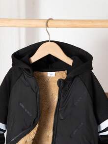 2pcs Boys Casual Fleece Jacket And Pants Set, Striped Print Pattern, Letter Graphic, Zip-Up Hooded Thick Warm Outerwear And Sweatpants, Comfortable Sporty Outfit Suitable For Outdoor Activities, Autumn/Winter