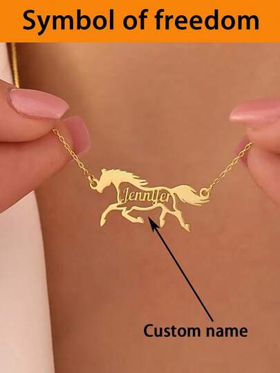 1pc Customizable Galloping Horse Name Necklace, Stainless Steel Jewelry, Personalized Horse Racing Sports Necklace, Gold Necklace And Silver Necklace, Stainless Steel Animal Nameplate Pendant Necklace, Customized Necklace, Name Necklace, Men's/Women's Necklace, Men's/Women's Jewelry, Gift For Boyfriend/Girlfriend, Customizable Item, Charm Necklace,