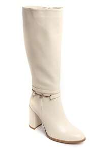 Elegante Kunstleder-Stiefel bis zum Knie mit quadratischem Absatz und dekorativem Metallriemen. Ein schicker und bequemer Stil, perfekt für Ihre Herbst-Winter-Looks. - Beige - Übersicht 2