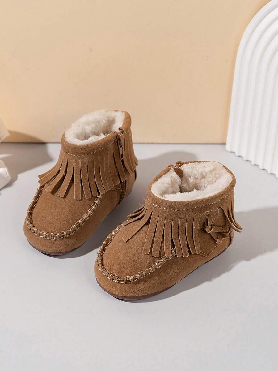 1 Pair Baby Girls' Tasseled Side Zipper Design Lightweight Comfortable Warm Flat Boots, Suitable For Everyday Outdoor Wear In Autumn/Winter - Brown - View 1