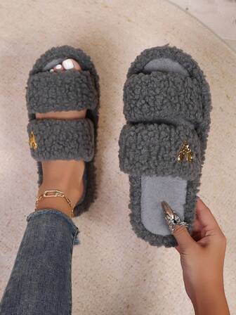 2025 Autumn/Winter High-End Fashion Minimalist Casual Heart Decor Plush Open Toe Slippers, Soft & Comfortable Lightweight Sole, Suitable For Living Room, Bedroom, All Seasons, & Christmas Gift