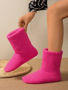 Botas de Cano Médio Forradas Termicamente em Tecido Boêmio de Cor Sólida para Mulheres, Uso Doméstico, Outono/Inverno, Pele, Festa