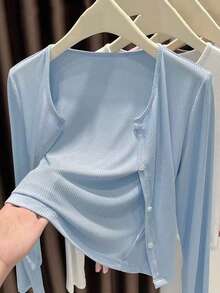 女士不对称纽扣针织开衫，长袖轻薄披肩领外套，黑色/白色/灰色/粉色可选，适合搭配连衣裙 - 羅紋披肩 - 查看 5