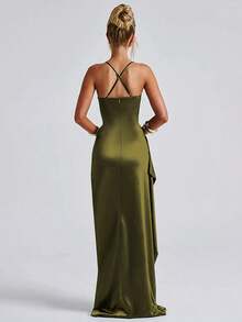 优雅性感缎面无肩带荷叶边腰身派对礼服、伴娘礼服、正式礼服 - 橄欖綠 - 查看 6