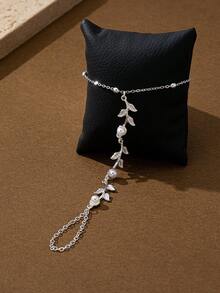 1 件时尚简约珍珠镶嵌叶链指节手链，适合女士，尺寸优先，珠子数量不重要 - 銀色 - 查看 5