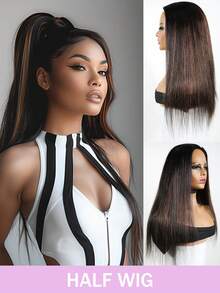 高光半假发，直发，真人发，翻转抽绳假发，女士款，150%密度，#1B/30色号。另附5顶丝绸睡帽供您选择（3顶黑色睡帽+2顶粉色睡帽）。