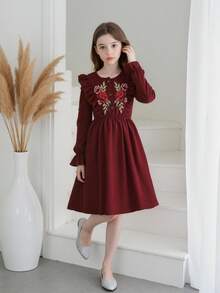 Girls Embroidered Casual Elegant Round Neck Long Sleeve Dress, Autumn/Winter - Red - View 1