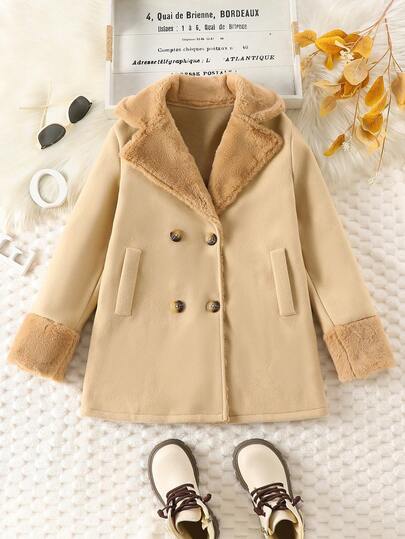 12 Years Old Girls' Elegant Long Sleeve Faux Fur Collar Jacket, Double-Breasted Design, Stylish & Comfortable Outdoor Wear For Autumn/Winter