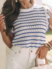 Women's Crochet Knit Striped Sweater Vest Lightweight Crewneck Ruffles Cap Sleeve Top Nutmeg Color  Striped  Colorblock    Casual    Rib-Knit  Ruffle    Vacation - Blue and Multi-color - View 3