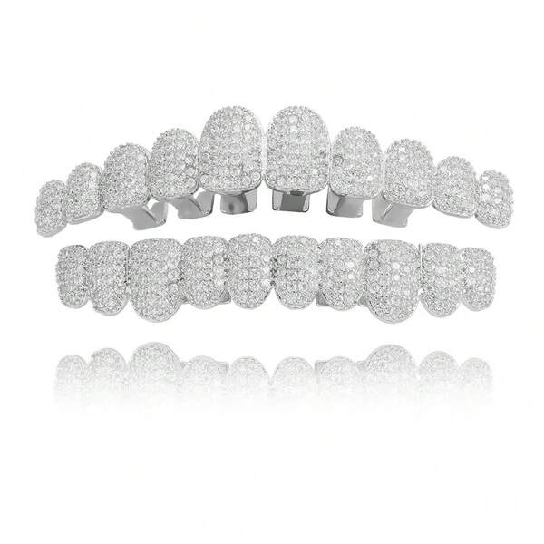 قطعتان/قطعة واحدة من الزركونيا النحاسية للأسنان، مجوهرات أسنان بطراز الهيب هوب الجنسي، جريلز مرصع بالألماس لحفلات الزينة مع 10 أسنان