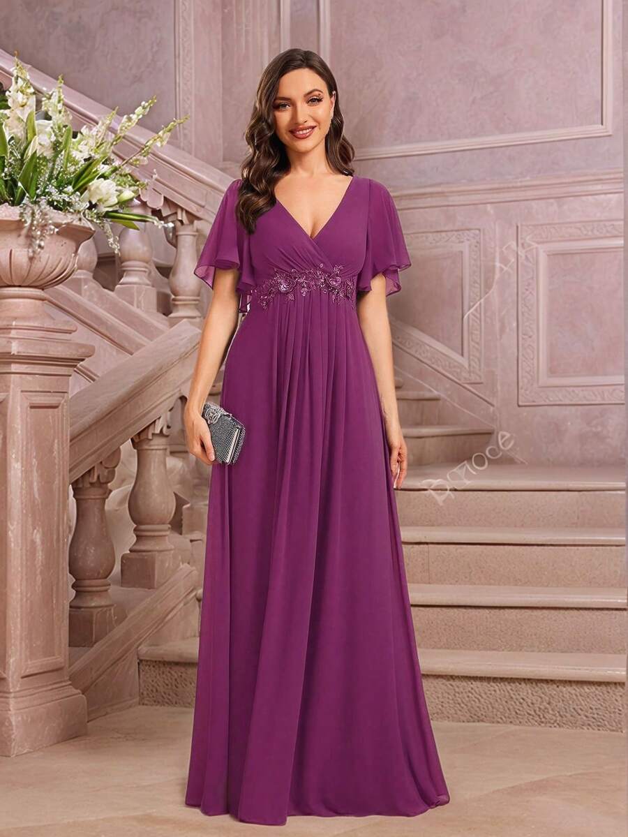 EVERPRETTY Đầm phù dâu màu tím thanh lịch mùa đông, cổ chữ V, tay bồng, chất liệu chiffon, thích hợp làm đầm dự tiệc cưới, đầm dạ hội bán chính thức, đầm đón năm mới.