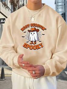 Men's Ghost And 'Boo Scootie' Printed Loose Hoodie - Black With Orange Letters, Round Neck Polyester Sweatshirt Suitable Halloween Party Outfits Or Casual Street Style - Washable And Dry Cleanable, Fun Bat Pattern And Horror Text Design, Comfortable Casual Wear, Streetwear With Playful 'SPOOKY' Elements, Easy Fit Style Halloween Season - 白色 - 查看 1