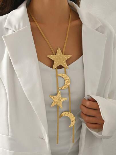 1 pieza Collar con cadena larga de suéter, con estrella de cinco puntas y luna de color dorado, elegante y de moda para mujeres