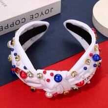 USA 4 Th Of July Pearl Knotted Headband For Women Red White Blue Pearl Rhinestone Jeweled Hairband American Flag Patriotic Independence Day Wide Headband Summer Beach Hair Accessories - 紅色白色藍色珍珠髮帶白色 - 查看 8