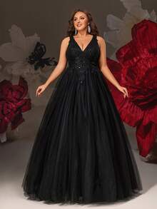 VIPGIRL Elegante vestido de noche largo de tul negro con escote en V y lentejuelas en talla grande, vestido de baile fluido, vestido de invitada de boda, vestido de fiesta de cumpleaños, encantador vestido de gala formal - Negro - Ver 1