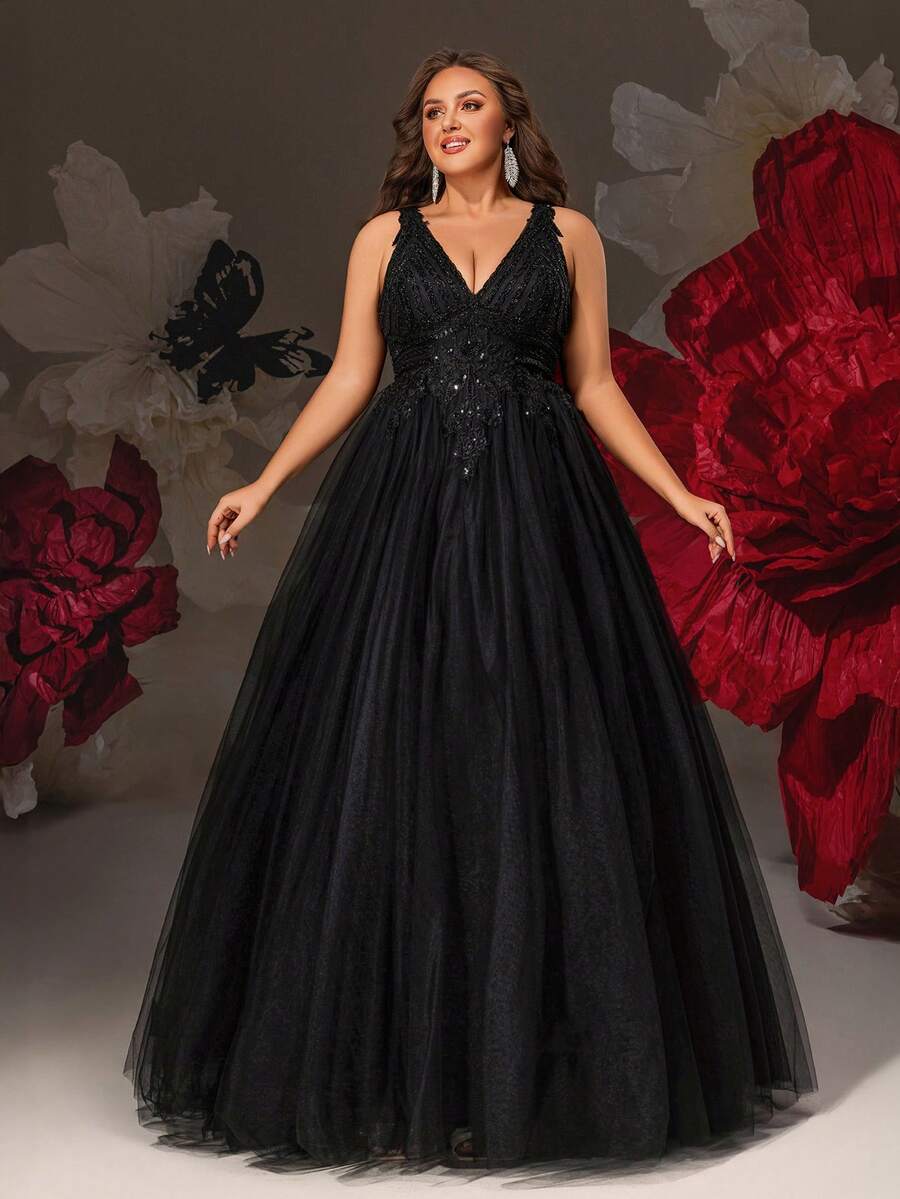 VIPGIRL Elegante vestido de noche largo de tul negro con escote en V y lentejuelas en talla grande, vestido de baile fluido, vestido de invitada de boda, vestido de fiesta de cumpleaños, encantador vestido de gala formal - Negro - Ver 1