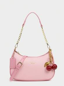 新款时尚经典百搭字母图案装饰设计纯色PU防水面料单肩包月牙包腋下包适合逛街，可斜挎。带樱桃吊坠装饰，夏日新月包，海边度假，开学季，女士钱包。 - 粉色 - 查看 5