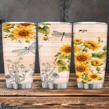 1pc 20oz/40oz Sunflower And Dragonfly Pattern Tumbler With Lid And Straw, Insulated Travel Mug For Fall, Gift For Women Men, Ideal For Halloween, Memorial, Christmas, Birthday Gift, Iced/Hot Coffee Cup - 20ZT - 查看 4