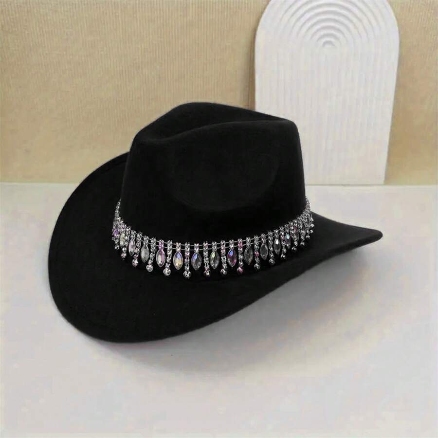 Women Men Cowgirl Hat Rhinestone Gem Tassel Jazz Cap Wedding Hat For Fiancee Shower Engagement Parties Weddings - màu đen - Xem 1