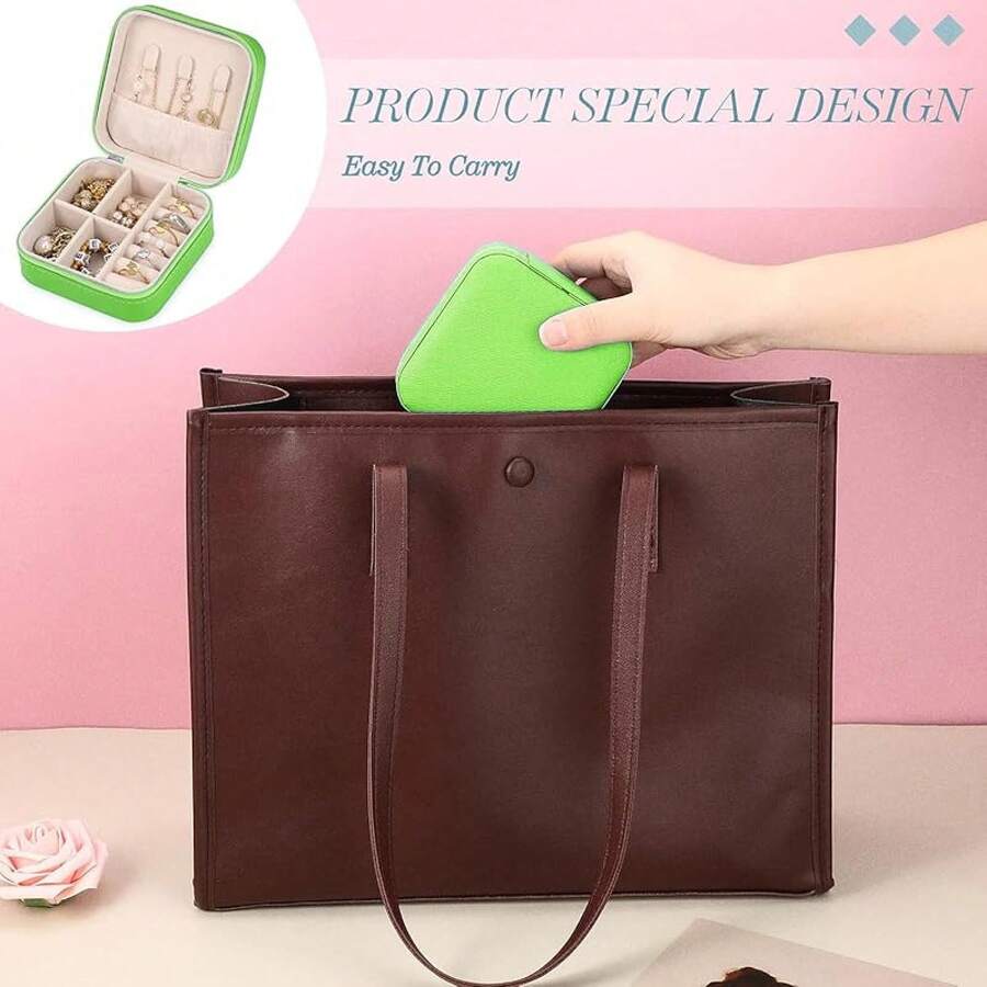 Pequeño joyero, organizador de joyas de viaje de 10x10x5 cm, joyero portátil con compartimentos, puede almacenar anillos, aretes, collares (azul cielo) (12 piezas) - verde - Ver 1