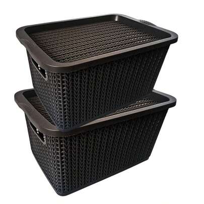 Vmingo Cesta Canasta Caja  Organizadora Plástico Rattan Diseño Tejido Apilable con Tapa Caja Multiuso para Ropa Juguetes Baño Cocina Closet Organizador Decorativo de Almacenamiento para Hogar 2pcs