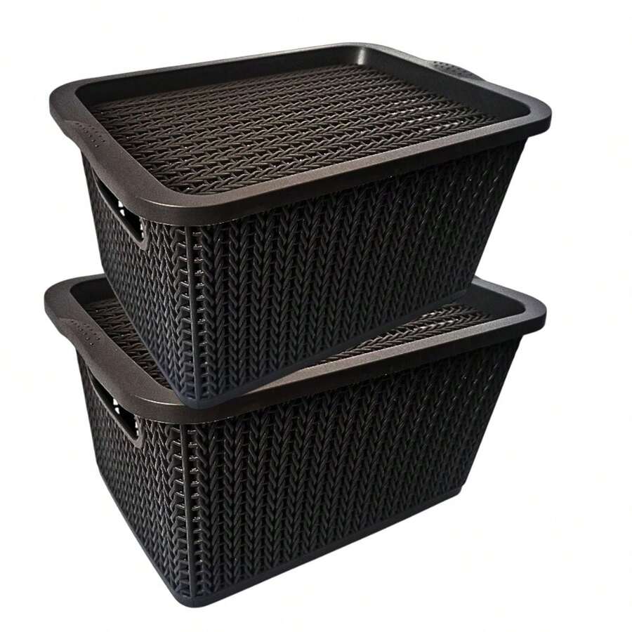 Vmingo Basket Organizer Box Plastic Rattan Woven Design Stackable With Lid Multipurpose Box For Clothes Toys Bathroom Kitchen Closet Decorative Storage Organizer For Home 2pcs - Brown - View 1