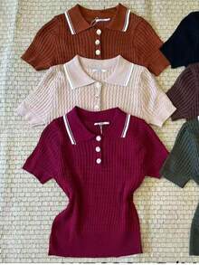 Women's Knitted Polo Shirt With Buttons Color Block Knit Knit Buttons On The Front Contrasted Waist Button Evening Holiday Wedding - 米色 - 查看 2
