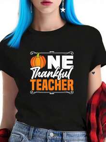 100% Algodón Unisex Mujeres Agradecidas Profesora Acción de Gracias Pavo Retro Otoño Camiseta para Mujeres y Hombres, Camiseta de Cuello Redondo con Estampado 100% Algodón - Negro 8 - Ver 1