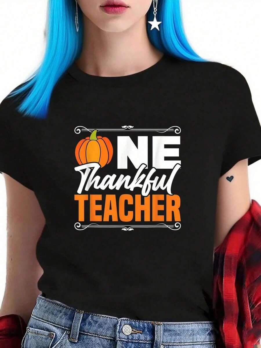100% Algodón Unisex Mujeres Agradecidas Profesora Acción de Gracias Pavo Retro Otoño Camiseta para Mujeres y Hombres, Camiseta de Cuello Redondo con Estampado 100% Algodón - Negro 8 - Ver 1