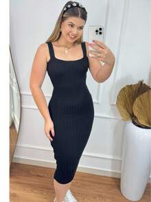 Vestido Tricô Feminino Canelado Regata Alça Larga Midi Modal Premium Decote Quadrado - Preto - Visão 4