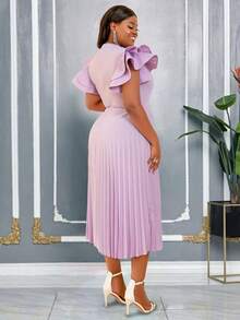 AOMEI 加大码优雅女式浅紫色方领荷叶边袖褶皱优雅中长连衣裙 A 字型非洲女性优雅舞会生日庆祝派对礼服 - 紫色 - 查看 4