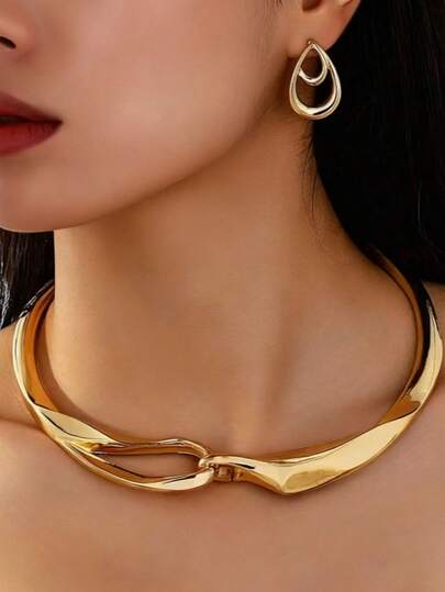 1 conjunto de gargantilha de liga minimalista e brincos de gota d'água, roupa feminina para o dia a dia/praia, presente de verão