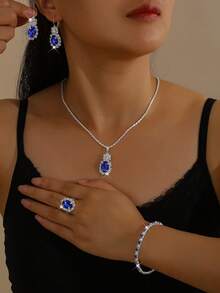 5pcs Women Jewelry Set: Necklace, Earrings, Bracelet, Ring, Rhombus Pattern, Elegant Street Style Bridal Accessories, Thanksgiving Season - Blue - View 2