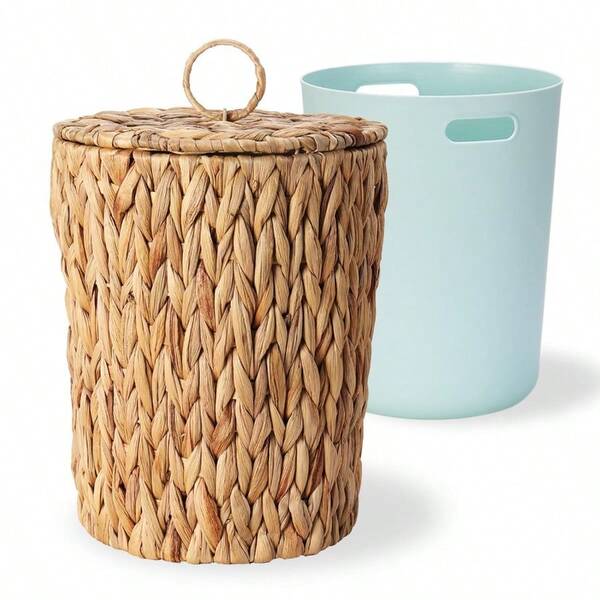 2 Gallon Wicker Trash Can With Lid Bathroom Garbage Can With Removable Liner Bucket Boho Hand Woven Water Hyacinth Wicker Waste Basket For Bedroom Living Room Home Office