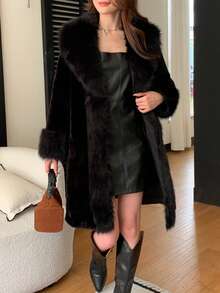 女士优雅仿毛领冬季夹克 - 黑色 - 查看 3