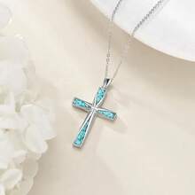 Turquoise Punk Style Green Stone Foldable Stainless Steel Cross Pendant Necklace For Women - Unique Gift For Friends And Girlfriends On Birthdays Or Holidays, Cross Necklace For Women, Necklace For Women, Jewellery For Women, Necklace For Lady, Necklace For Woman, Long Necklace For Women, Jewelry For Woman - Dây chuyền ngọc lam đen - Xem 3
