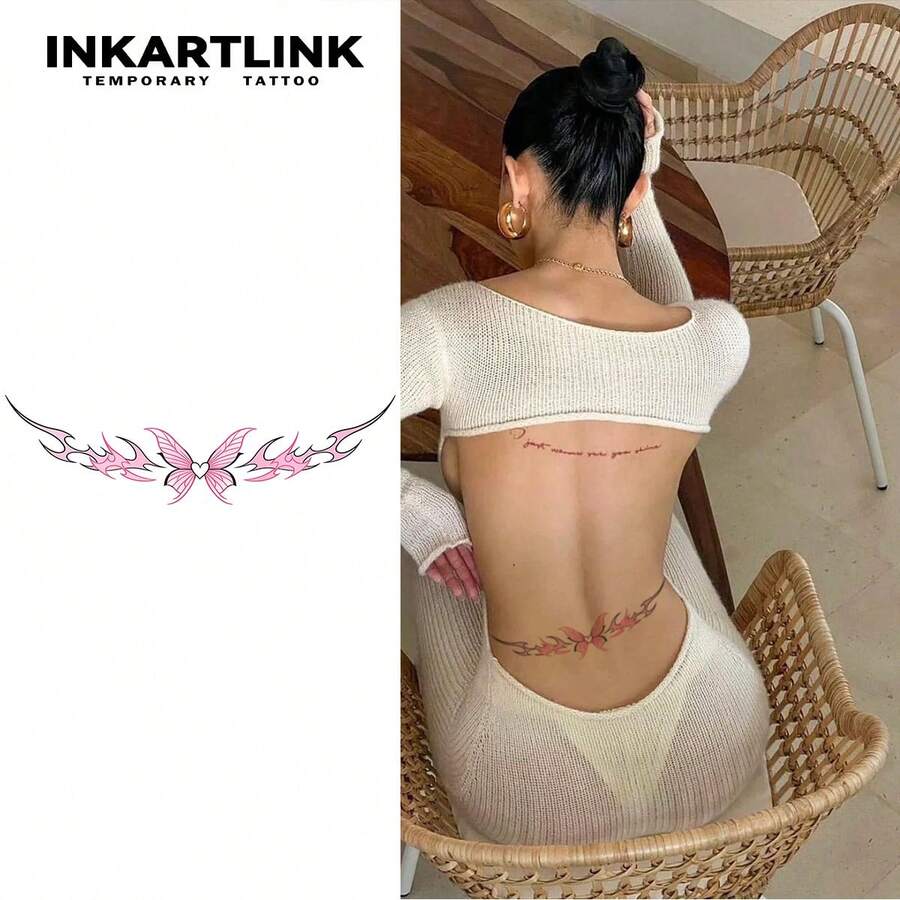 INKARTLINK INKARTINK 粉色蝴蝶翅膀腰部纹身贴纸，防水临时纹身，可持续2-5天，彩色水转印纹身贴纸，逼真假纹身，特色设计装饰贴纸