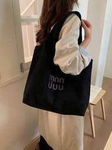 Dedoo 女款大容量單肩托特包，字母印花金屬感皮革，適合年輕女性日常通勤、購物、休閒手提包，四季皆宜 - 黑色 - 查看 2
