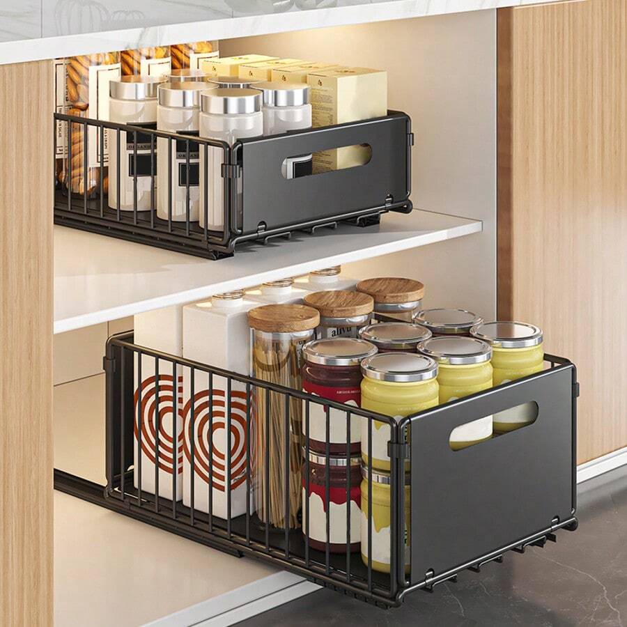 Mobile base, 2 contenitori estraibili e scorrevoli, porta spezie in acciaio al carbonio, cassetti telescopici 24 * 37,5 * 10 cm/24 * 37,5 * 18 cm