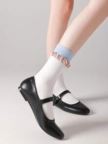 1 par de calcetines de media caña con volantes sin hueso, estilo ballet para mujer, diseño a bloques de color negro y blanco, moda coreana