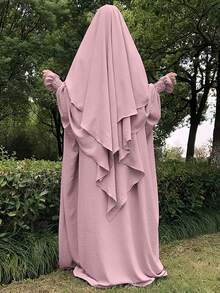1 Set de Hiyab musulmán de doble capa elegante con buena privacidad, suave y cómodo + Vestido musulmán con diseño de manga elástica, Abaya clásica y versátil (Vestido + Hiyab)