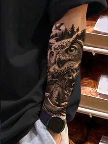 2 piezas de grandes tatuajes temporales de media manga con diseños del Bosque Negro, unisex con búho, calavera y esqueleto de la muerte, adecuados para adultos