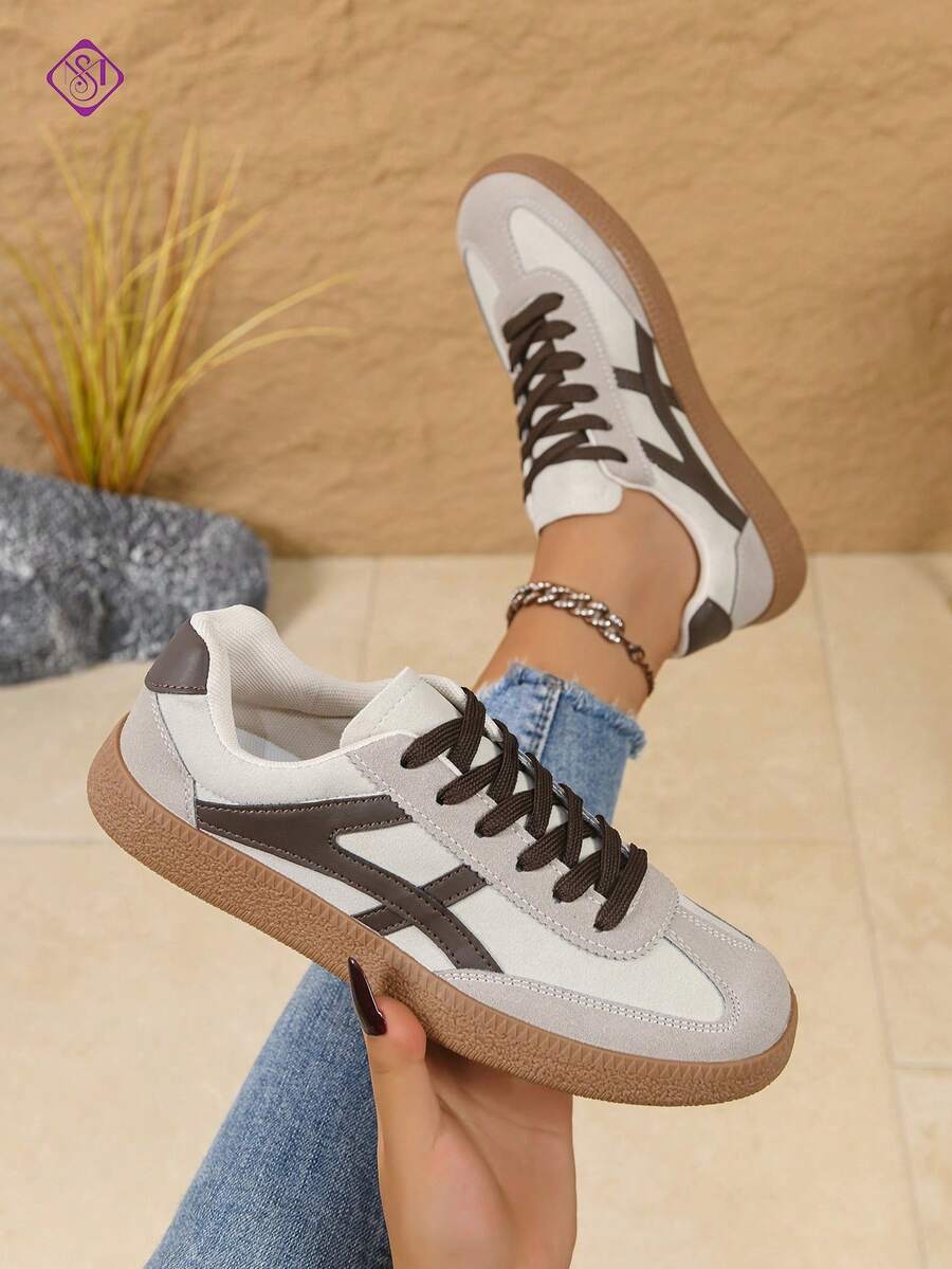 Women's Casual Versatile Sports Shoes, Fashion Attractive Comfortable Rubber Soft Sole Athletic Sneakers, Breathable Lightweight Patchwork Design - Beige - View 1