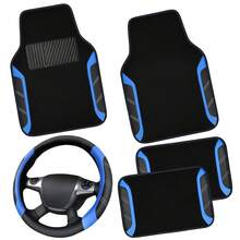 NBTEPEM Leather Steering Wheel Cover And Waterproof Car Floor Mats,Microfiber Universal Car Combo Fit For 95% Sedan,SUV,Cars,14.5-15inch Sporty Anti-Slip Safety Comfortable Design - Black and Blue - 查看 8